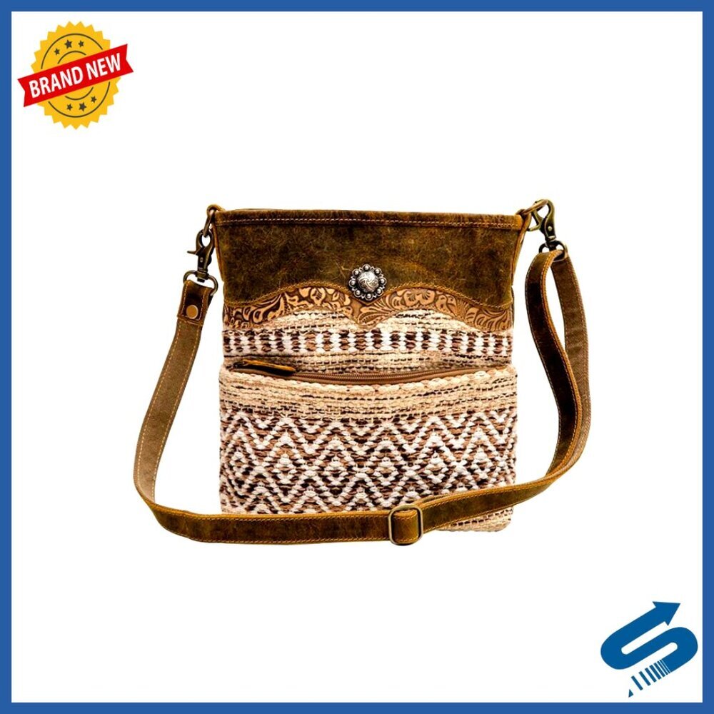 Canvas Crossbody Bag with Leather Accents, Aztec Pattern Boho Purse